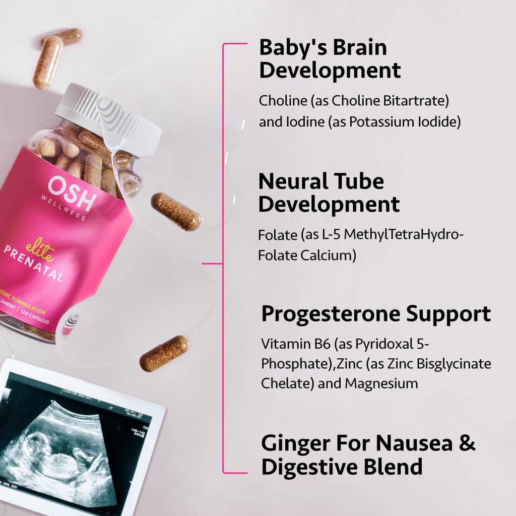Ayurvedic Elite Prenatal Vitamins with Folate, Choline, Iron, Iodine & more | Made in USA | Optimal Bioavailability | Supports Baby's Growth and Brain Development | 30 Day Supply - OSH Wellness