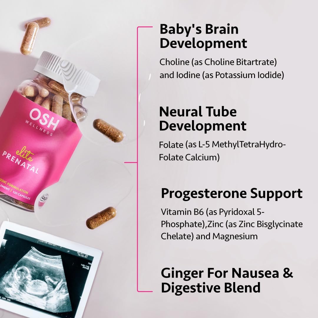 Ayurvedic Elite Prenatal Vitamins with Folate, Choline, Iron, Iodine & more | Made in USA | Optimal Bioavailability | Supports Baby's Growth and Brain Development | 30 Day Supply - OSH Wellness