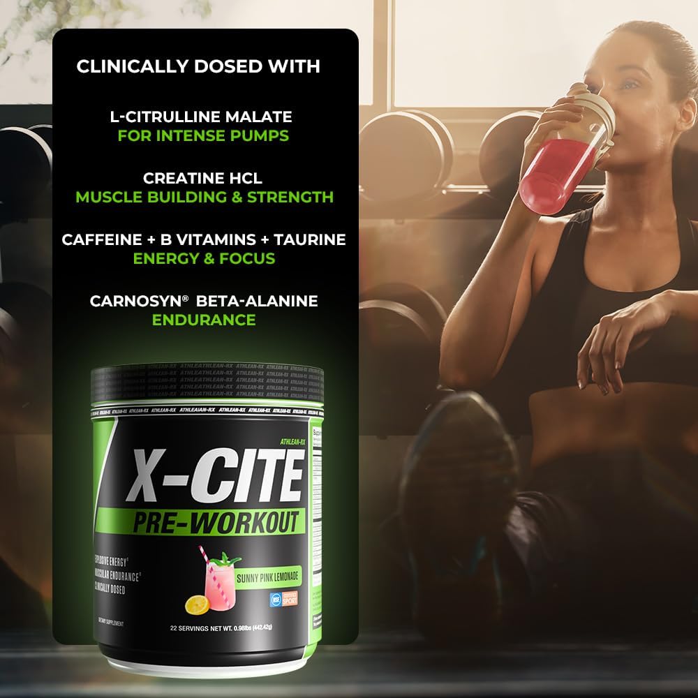 X-CITE Pre-Workout by ATHLEAN-X - Enhanced Formula with Beta-Alanine, Creatine & Caffeine for Energy, Endurance, Focus & Muscle Pump, NSF Certified for Sports (22 Servings, Sunny Pink Lemonade)