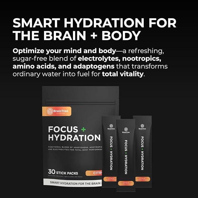 BrainTree Nutrition - Focus + Hydration - Electrolyte Drink Mix - Total Body Hydration - Supports Cognitive Function, Energy & Muscle Recovery - Sugar Free - Citrus - 30 Stick Packs