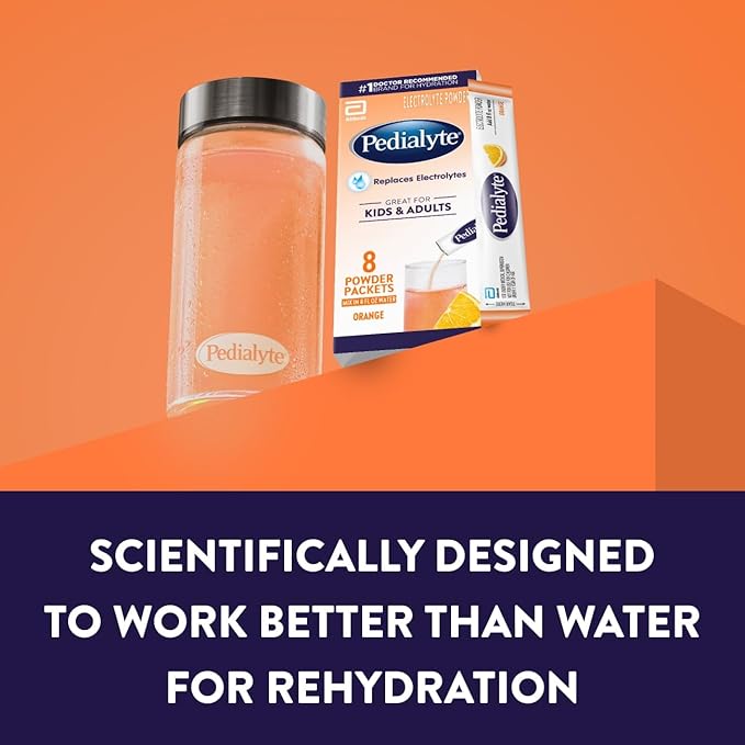 Pedialyte Electrolyte Powder, Hydration Drink for Kids & Adults, Orange, 8 Powder Packets