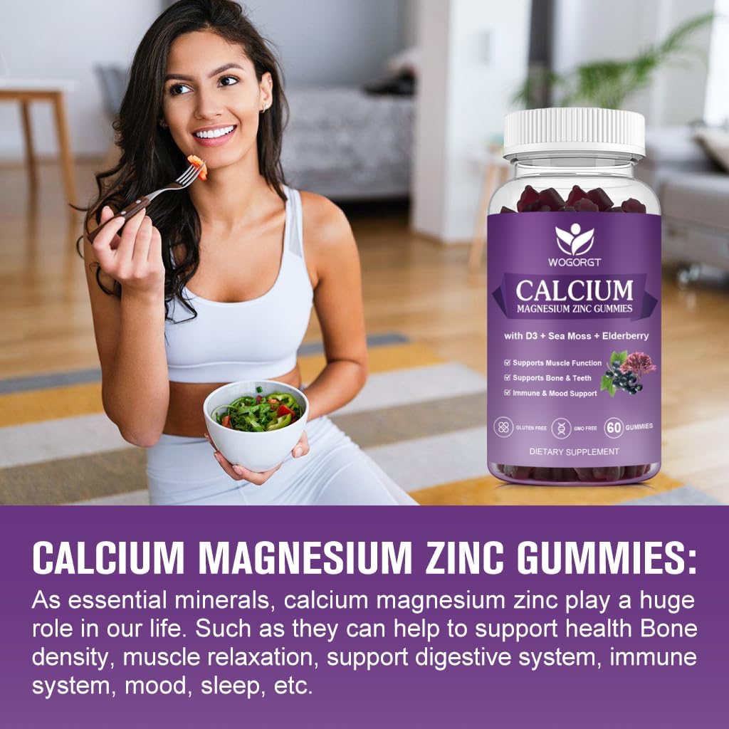 Calcium Magnesium Zinc Gummies with Vitamin D3 - High Absorption Complex Calcium Supplement with Sea Moss, Elderberry for Bone, Muscles, Immune, Mood & Sleep Support, Vegan - 60 Gummies