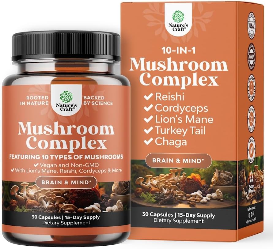 Advanced Mushroom Complex Capsules - 10X Lions Mane Supplement Capsules with Reishi, Chaga, Maitake & Shiitake for Brain Health, Memory Support & Focus - Nootropic for Mental Clarity - 30 Caps