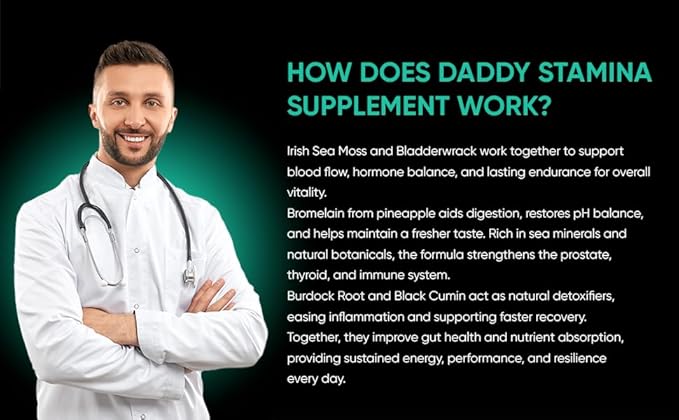Daddy Stamina Sea Moss Capsules - Pure Seaweed Supplement for Energy and Skin Health, Ultimate Anti-Aging Natural Supplement for Men