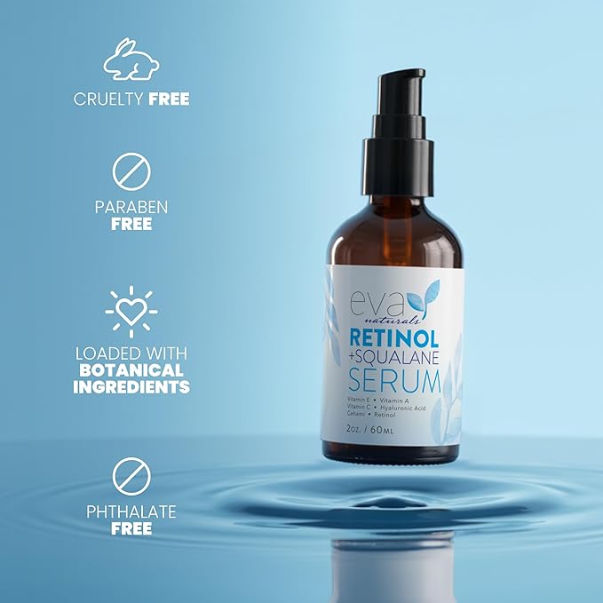 Eva Naturals Retinol + Squalane Serum – Anti Aging Face Serum for Wrinkles, Collagen Boost, Eye & Night Use – Retinoid Skin Care for Acne, Pores, Dark Spots & Sensitive Skin