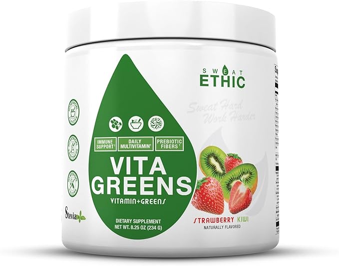 Sweat Ethic Vita Greens Greens Superfood Powder, Daily Multivitamin with Digestive Enzymes, Probiotics, Prebiotics & Reds for Men and Women, Sweetened with Stevia, Strawberry Kiwi Flavor, 30 Servings