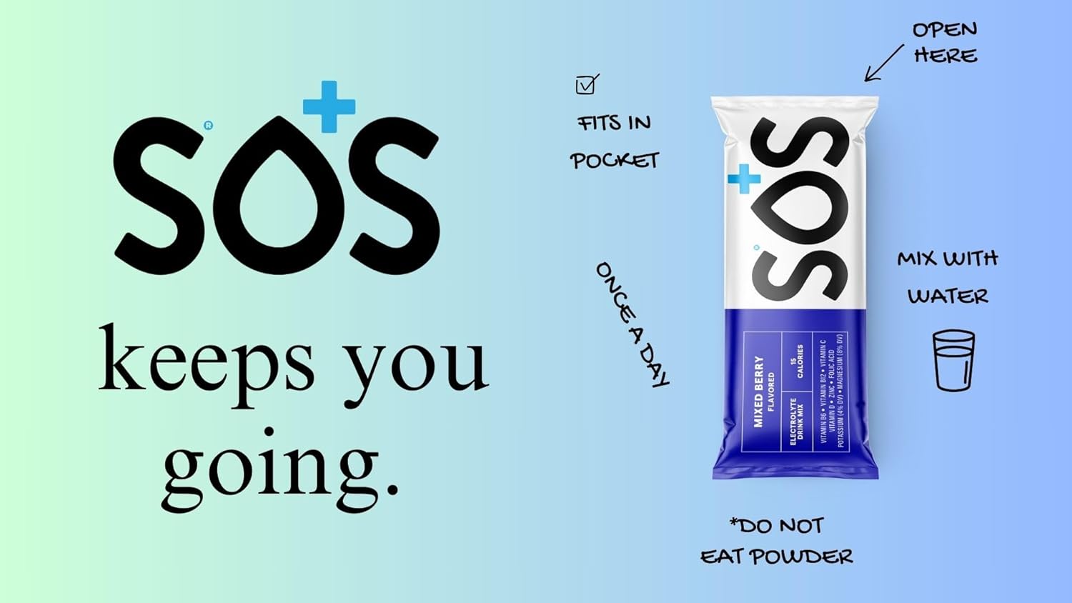 SOS Hydration Electrolyte Drink Mix (5 Servings + Reusable Bottle, Variety Pack)