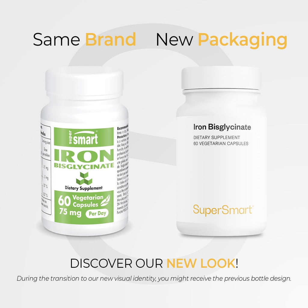 SuperSmart - Iron Bisglycinate 75mg per Day (High Absorption) - Gentle Iron Bisglycinate Supplement - No Side Effects | Non-GMO & Gluten Free - 60 Vegetarian Capsules