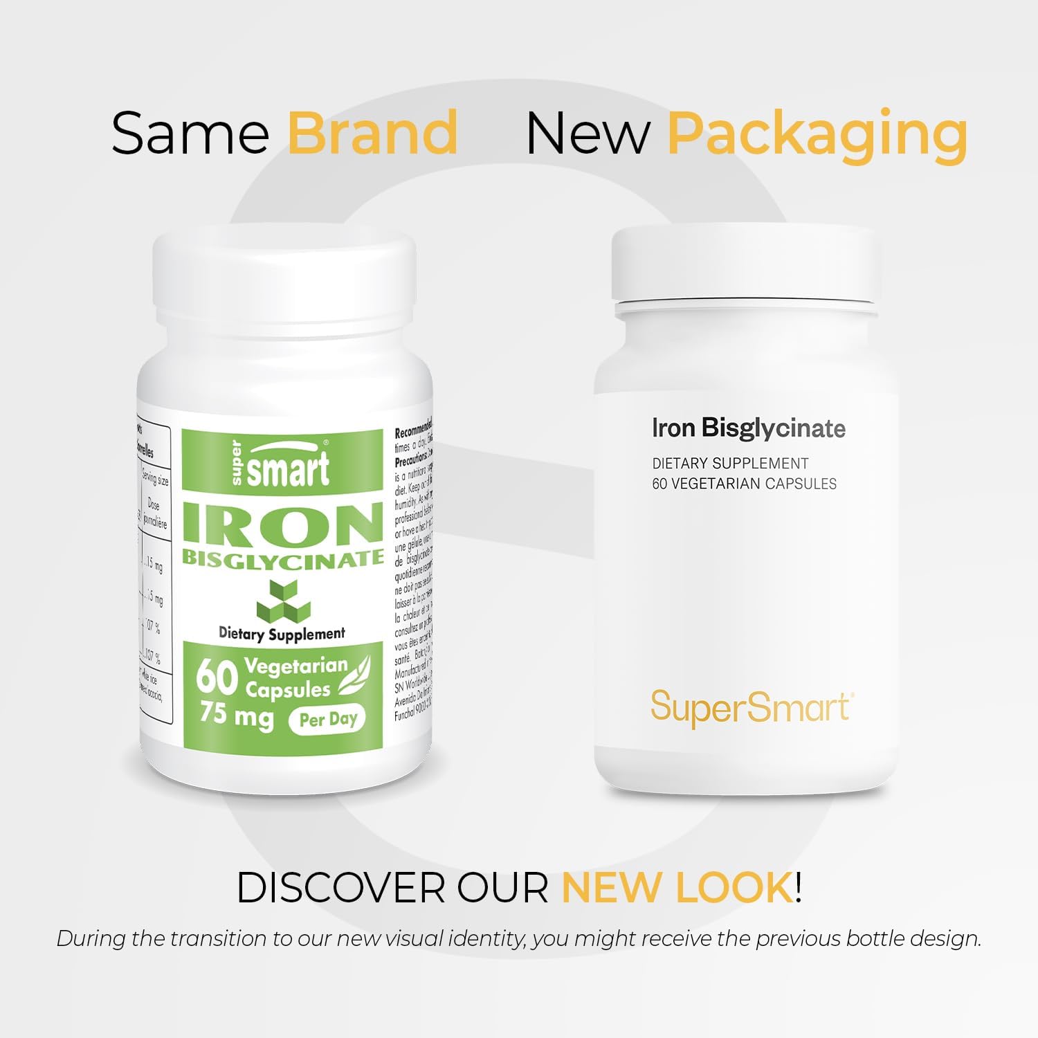 SuperSmart - Iron Bisglycinate 75mg per Day (High Absorption) - Gentle Iron Bisglycinate Supplement - No Side Effects | Non-GMO & Gluten Free - 60 Vegetarian Capsules