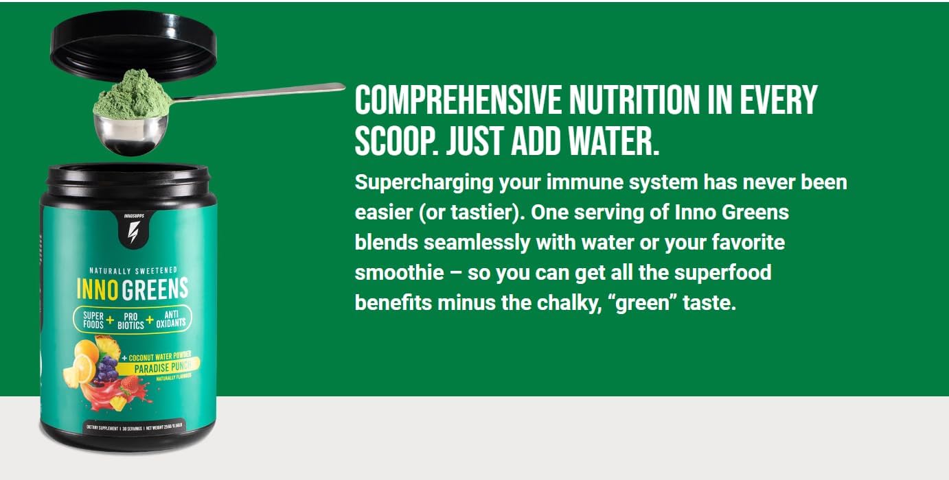 Inno Greens | 28+ Organic Greens & Superfoods | Advanced Prebiotics + Probiotics | Super Antioxidant + Hydration | Spirulina, Chlorella, Ashwagandha | Natural, Non-GMO | 30 Servings (Paradise Punch)