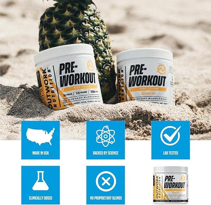 Outwork Nutrition Non-Stim Pre Workout Powder - Citrulline Malate, Beta-Alanine, Rhodiola Extract for Performance, Focus & Energy Boost - Preworkout for Men, Women (Caffeine Free, Piña Colada)