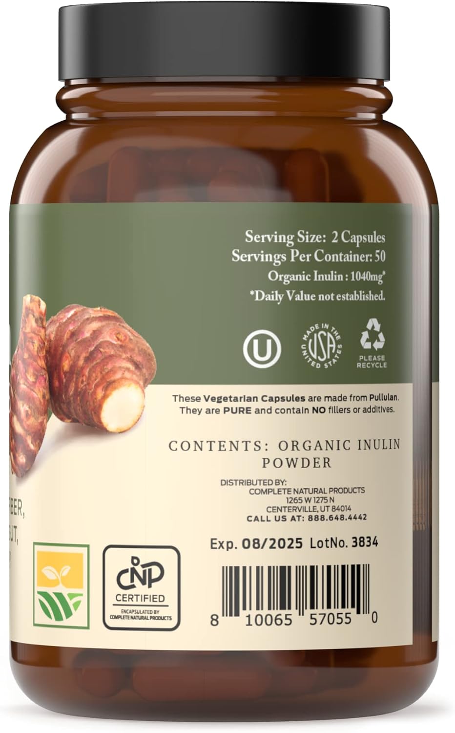 Complete Natural Products Organic Inulin Capsules - 520mg 100 Pills, Organic Jerusalem Artichoke Inulin Capsules