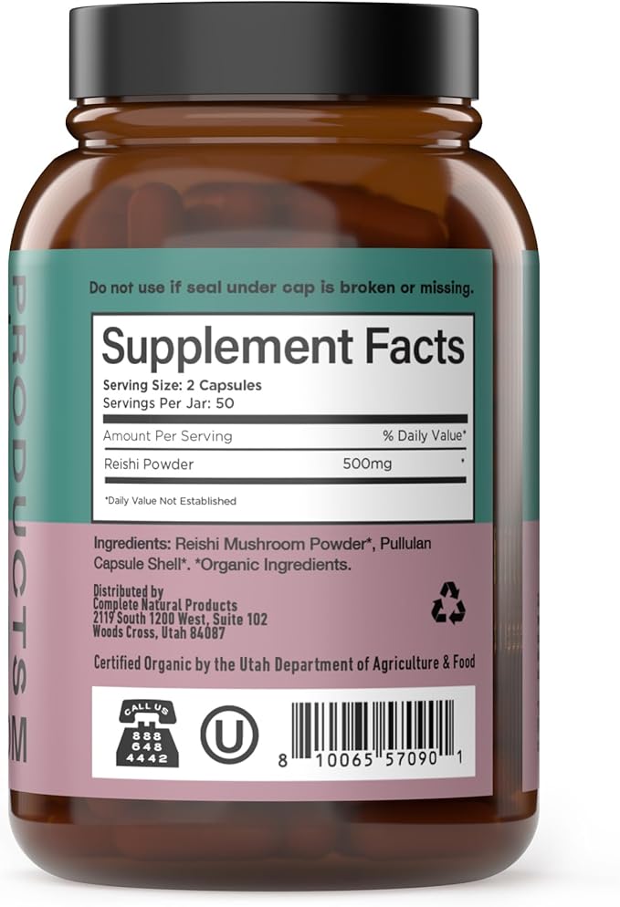 Complete Natural Products Organic Reishi Mushroom Capsules, 250mg, 100ct | Fruiting Body Extract | Plant-Based | Adaptogenic Support | Made in USA | Organic & Kosher Capsules