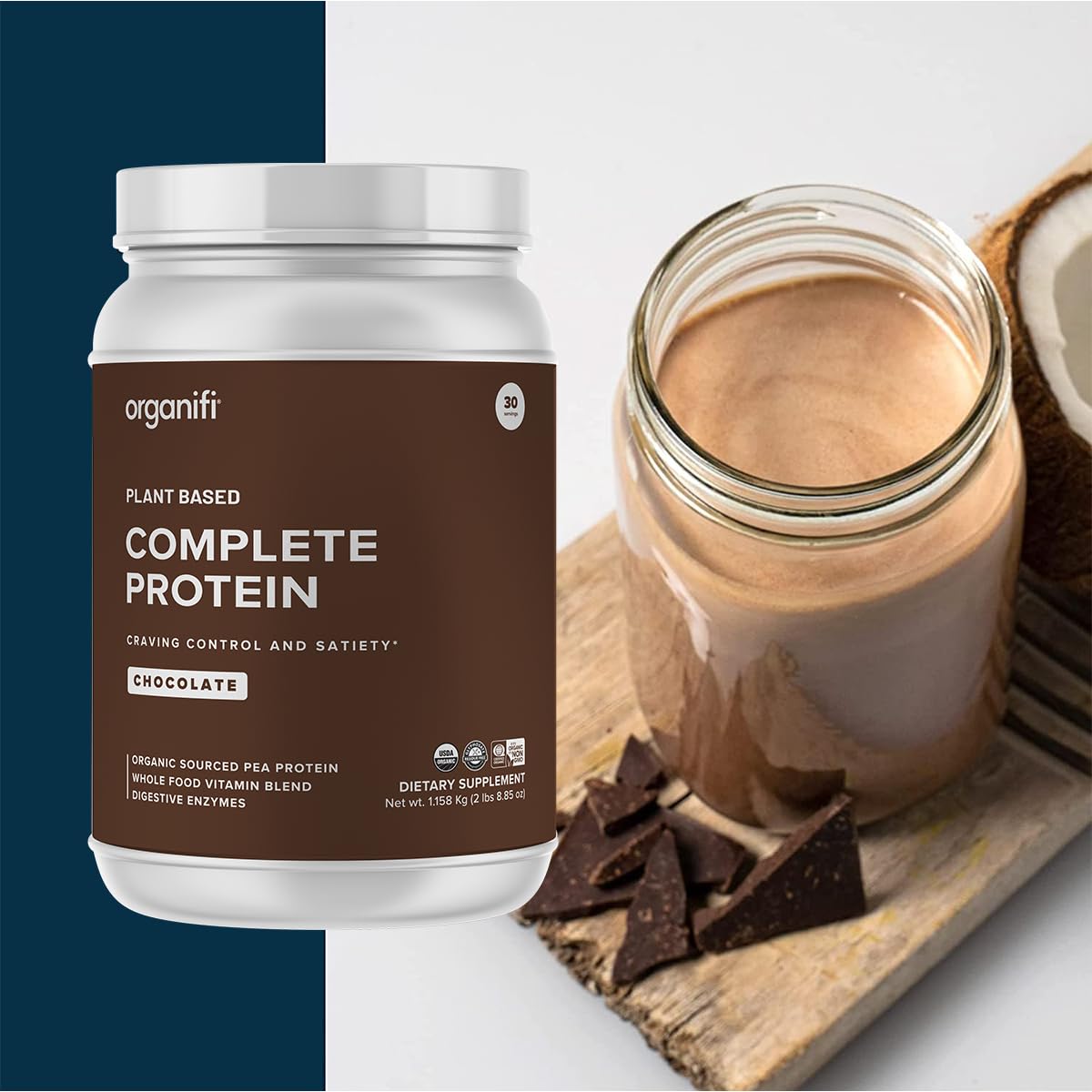 Organifi Complete Protein Chocolate Flavor - Organic Vegan Plant Based Protein Powder with Digestive Enzymes - 30 Day Supply - No Soy, Dairy, or Gluten