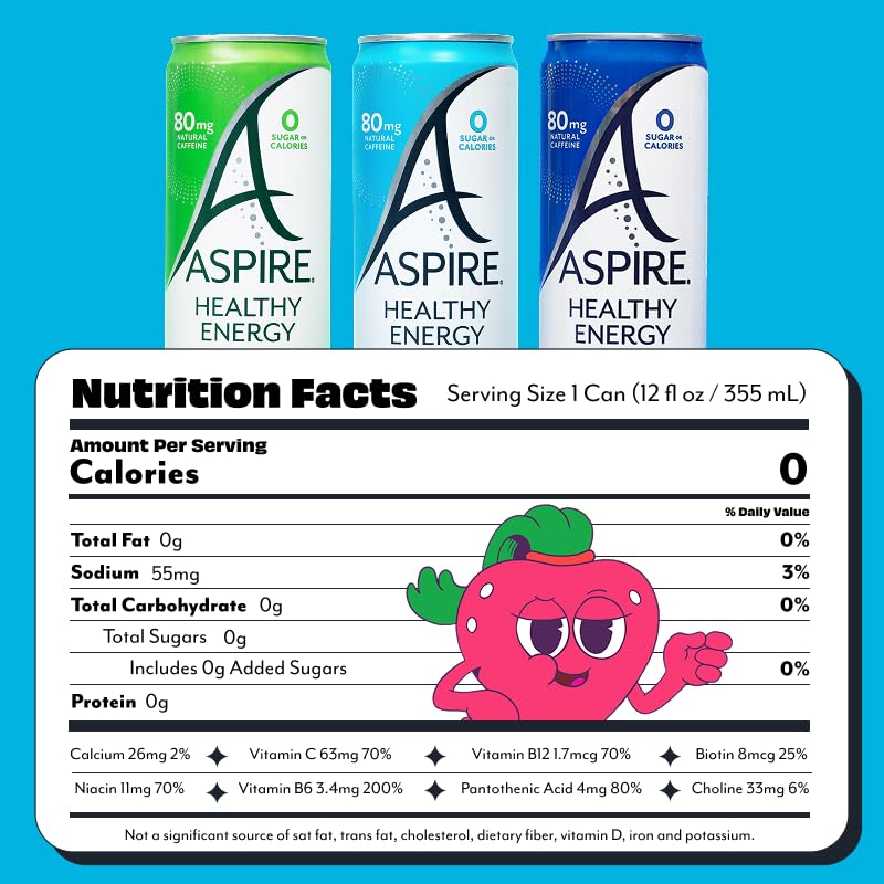 ASPIRE® The Fan Favorite Variety Pack, Healthy Energy Drink 80mg Natural Caffeine, Zero Sugar No Carbs Keto Friendly, 12 Pack Green Tea Sugar Free Drink Low Caffeine Zero Calorie