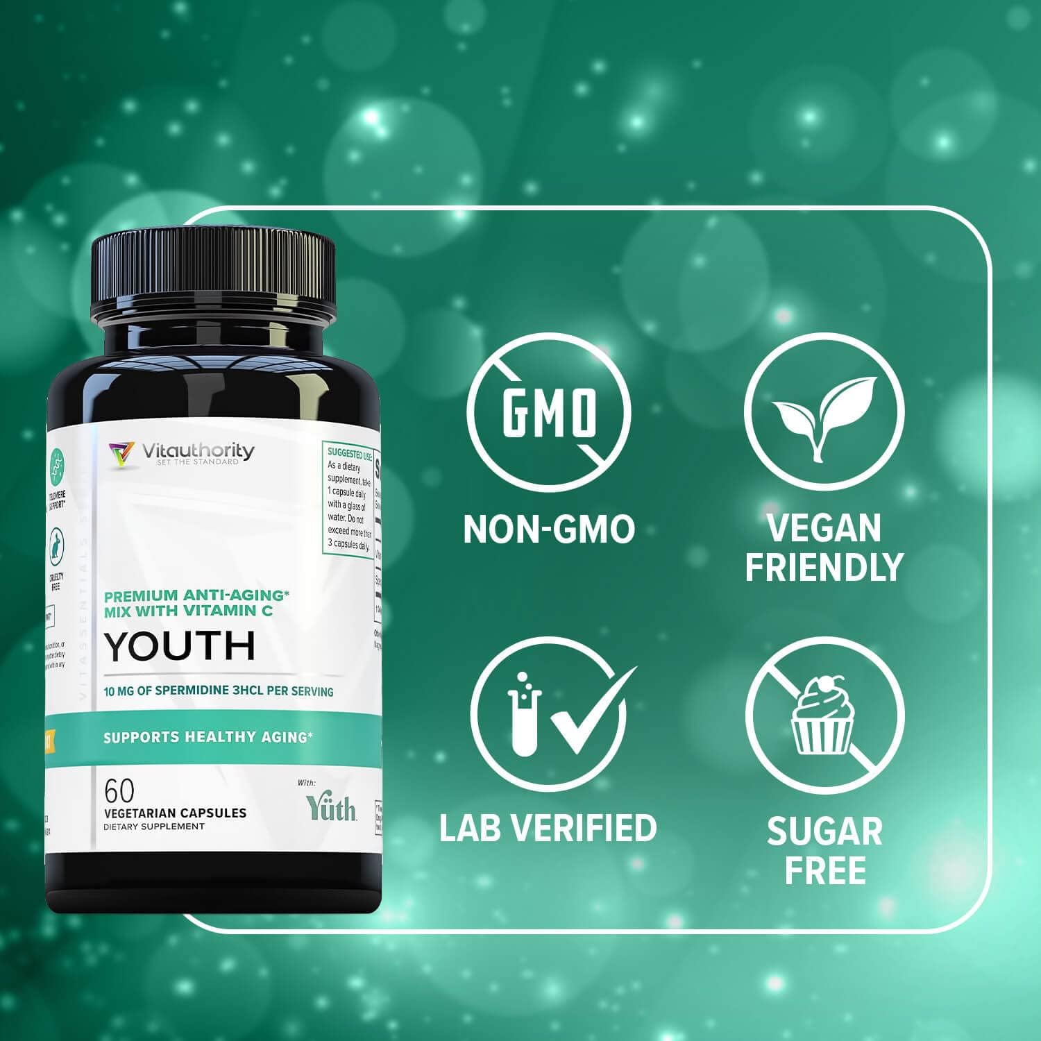 Enhanced Absorption Pure Spermidine Supplement - 99% Standardized Spermidine 3HCL Anti Aging Supplement for Women and Men’s Longevity Brain Telomere Heart Cell and Skin Support - 60 Servings