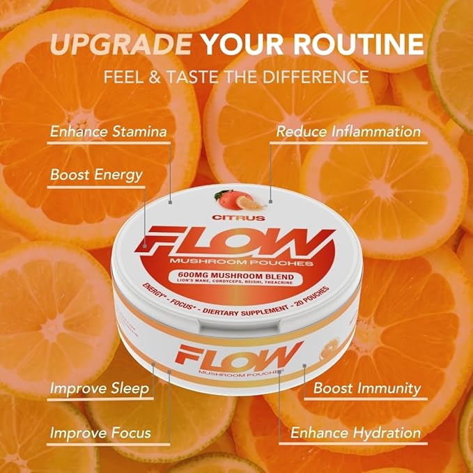 Mushroom Nootropic Pouches - 600mg Organic Mushroom Energy Ultra Pouches with Lion's Mane, Reishi, Cordyceps for Focus & Clean Energy - Zero Caffeine or Sugar (5 Can Pack, Citrus)
