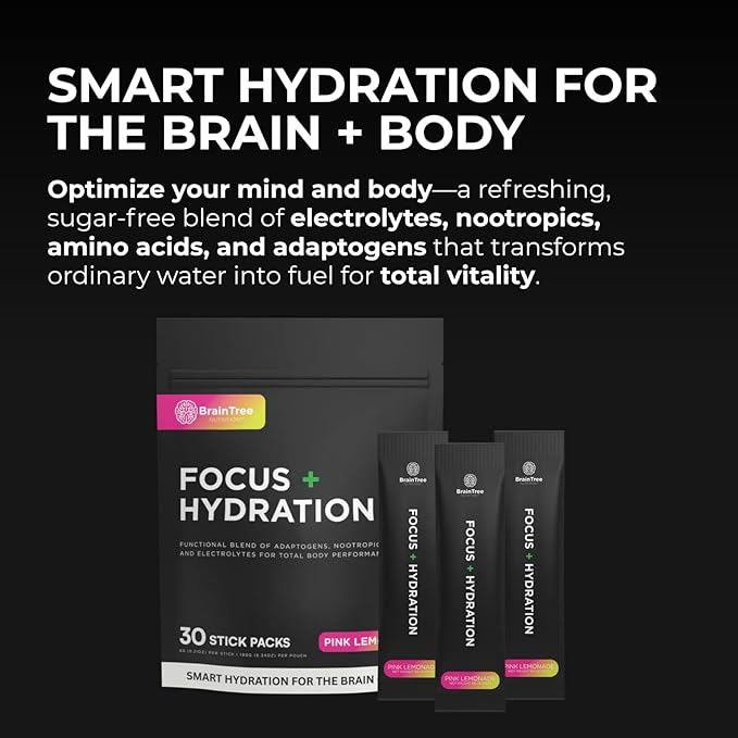 BrainTree Nutrition - Focus + Hydration - Electrolyte Drink Mix - Total Body Hydration - Supports Cognitive Function, Energy & Muscle Recovery - Sugar Free - Pink Lemonade - 30 Stick Packs