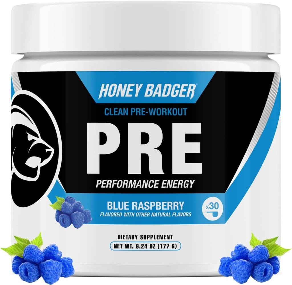 Honey Badger Pre Workout Powder, Keto Vegan Preworkout for Men & Women, Beta Alanine & Caffeine, Sugar Free Natural Energy Supplement, Blue Raspberry, 30 Servings