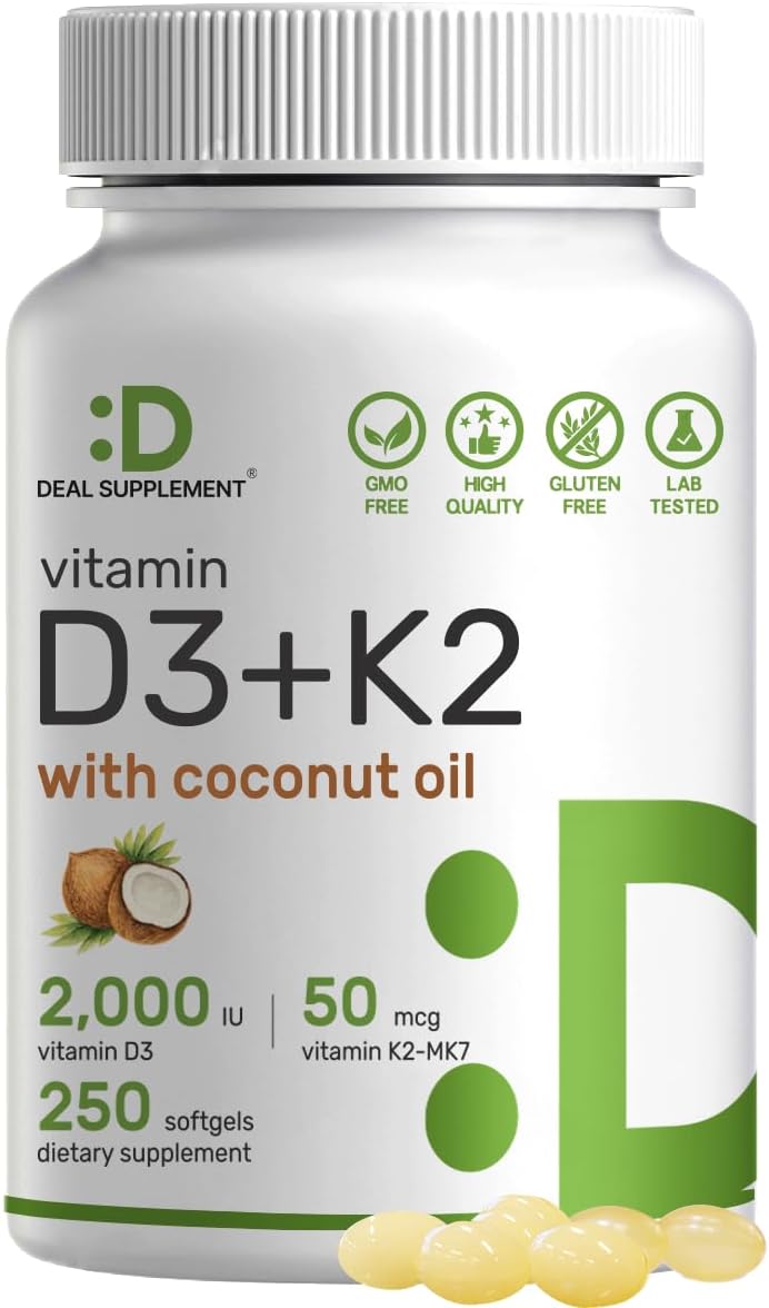 DEAL SUPPLEMENT Vitamin D3 2,000 IU + K2 MK7 50mcg Softgels | 2-in-1 Complex with Virgin Coconut Oil | Supports Heart, Bone, Teeth & Immune Health | Easy to Swallow