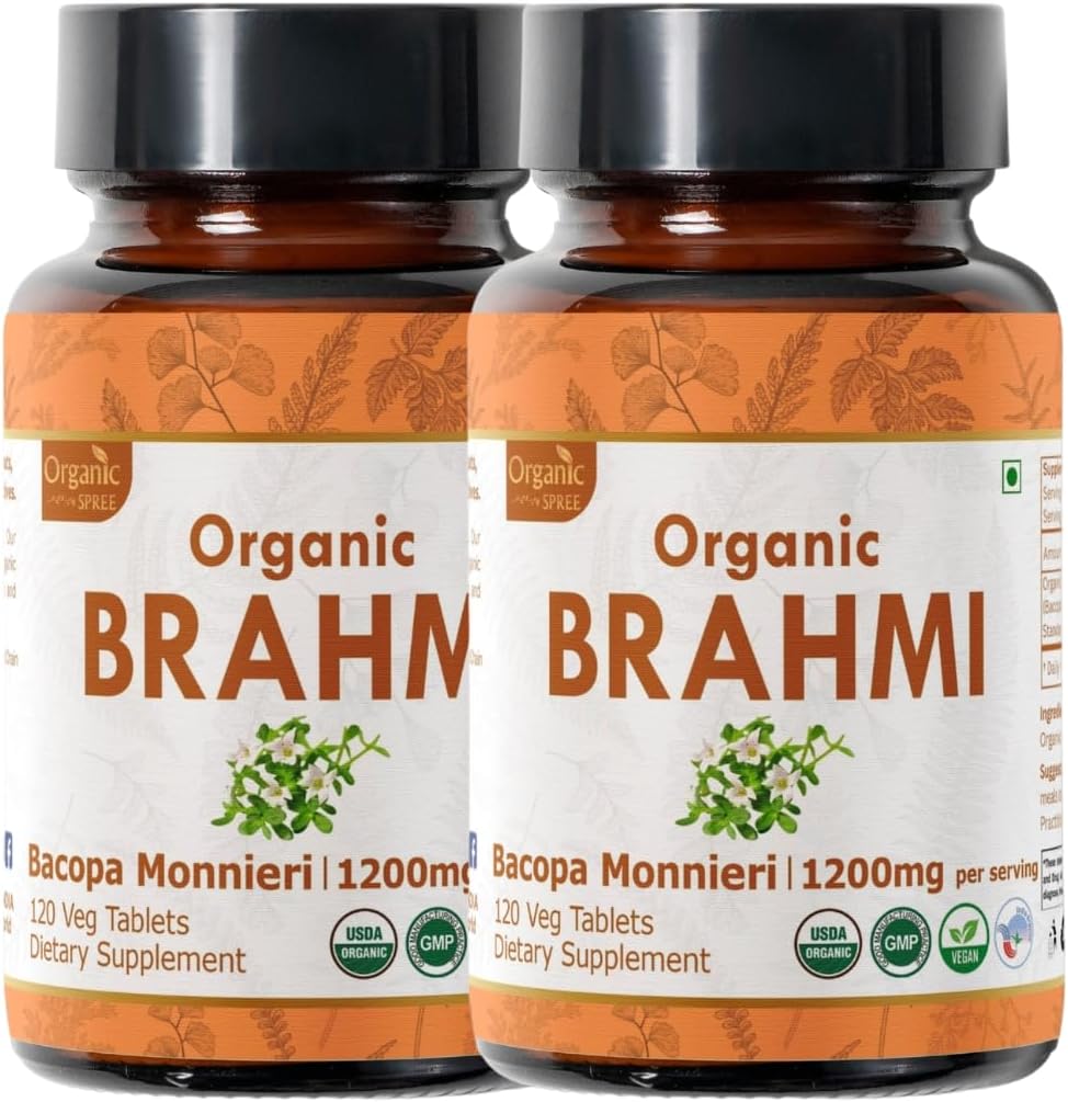 Brahmi 120 Tablets – USDA Organic Bacopa Monnieri Supplement – Supports Focus, Calm & Memory – Herbal Nootropic* - Pack of 2