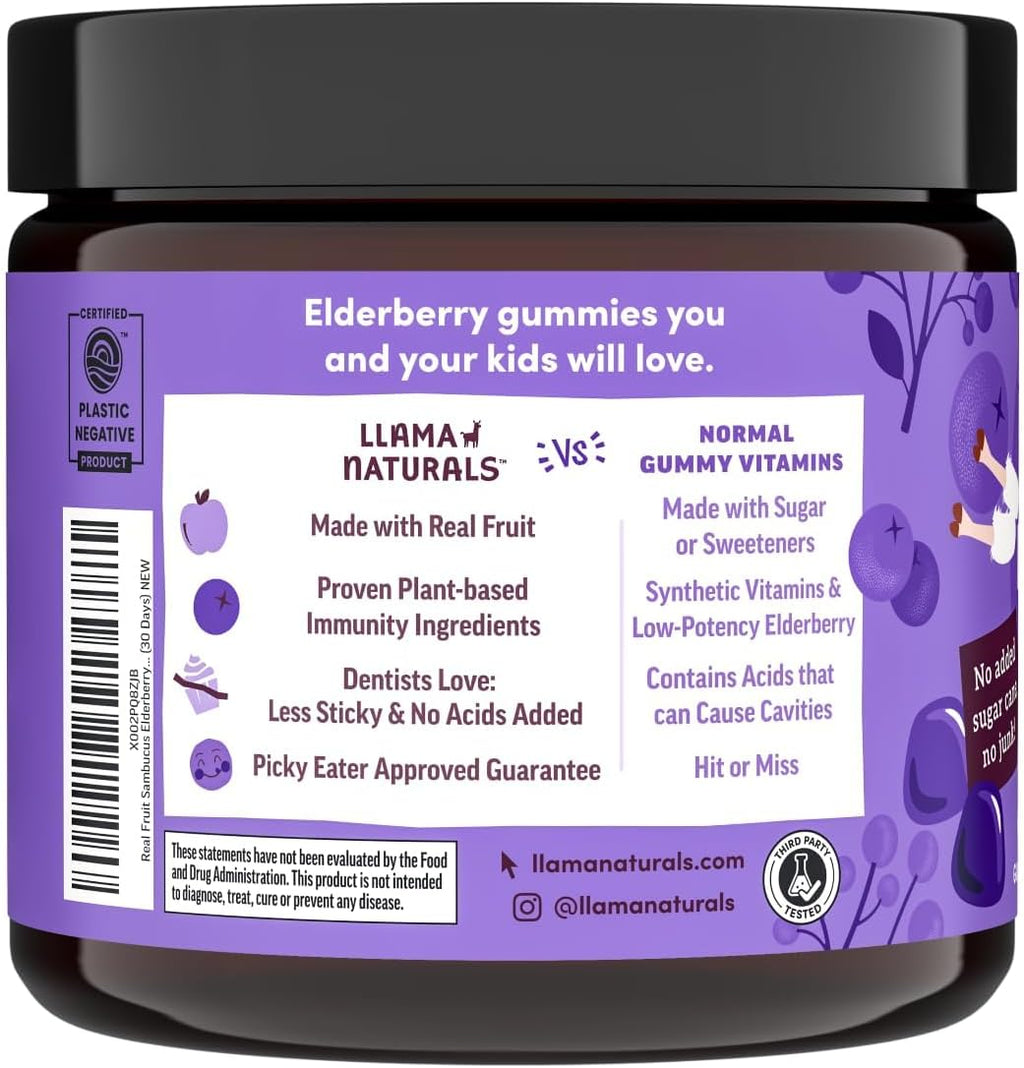 Llama Naturals Elderberry Gummies for Kids, Vegan, Organic Immune Support Supplement with Vitamin C and Zinc, Toddler Real Fruit Gummy Vitamins for Immunity, Chewable, No Added Sugar Cane, 60 Ct