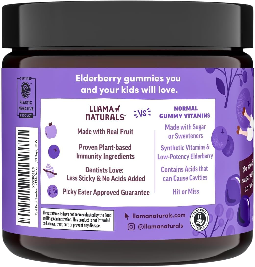 Llama Naturals Elderberry Gummies for Kids, Vegan, Organic Immune Support Supplement with Vitamin C and Zinc, Toddler Real Fruit Gummy Vitamins for Immunity, Chewable, No Added Sugar Cane, 60 Ct