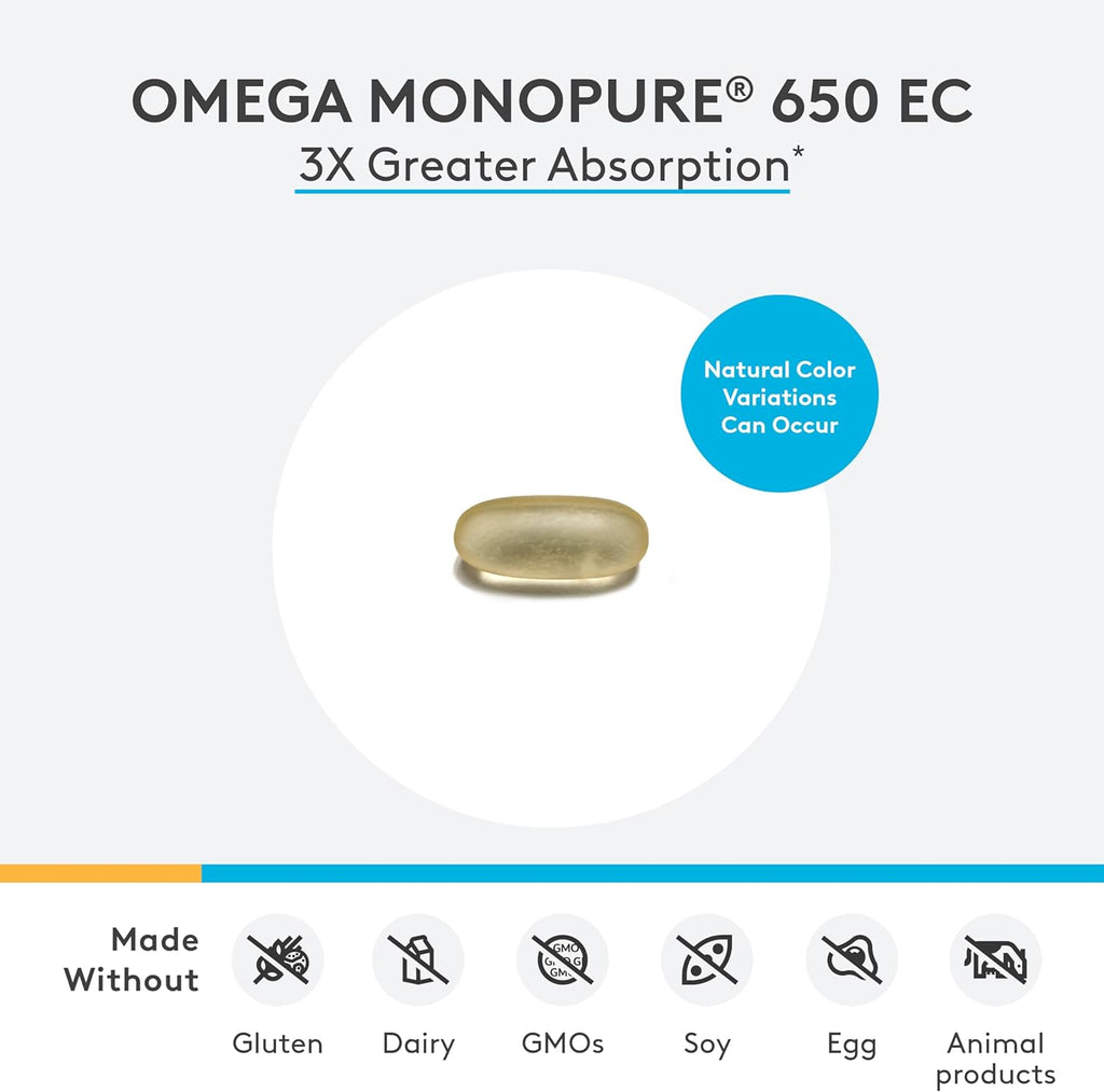 XYMOGEN Omega MonoPure 650 EC - Omega-3 Fish Oil Supplements for Women & Men - with EPA, DHA & DPA - Smaller Softgels with 3X Greater Absorption - Support a Healthy Heart & Cognition (60 Softgels)