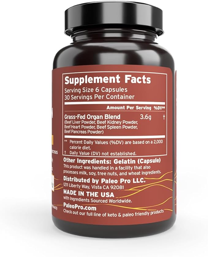 Paleo Pro O.G. Blend Premium Beef Organs Capsules, Kidney, Heart, Liver, Spleen and Pancreas from Grass Fed & Pastured Cows, Dietary Supplement, No GMO, 180 Capsules (Beef Organ Complex)