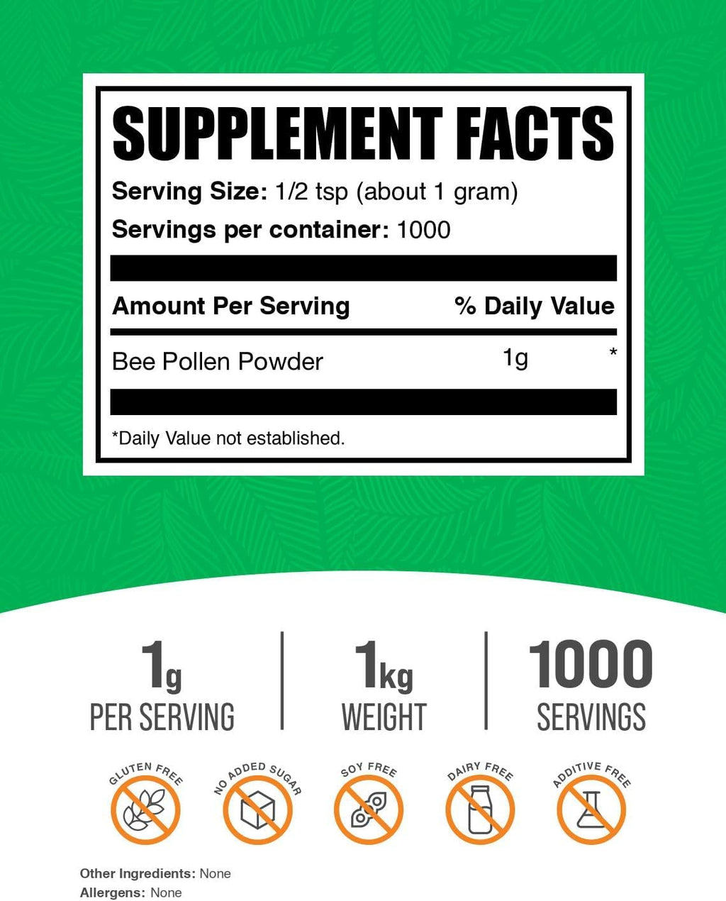 BulkSupplements.com Bee Pollen Powder - Superfood Supplement, Bee Pollen Supplement, for Immune Support - Gluten Free, 1g per Serving, 1kg (2.2 lbs) (Pack of 1)