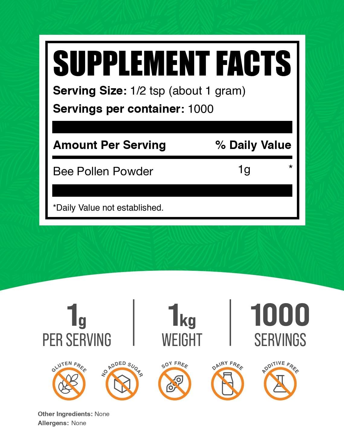 BulkSupplements.com Bee Pollen Powder - Superfood Supplement, Bee Pollen Supplement, for Immune Support - Gluten Free, 1g per Serving, 1kg (2.2 lbs) (Pack of 1)