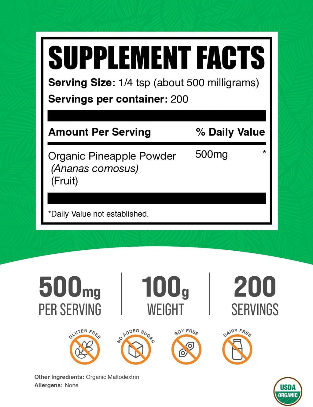 BulkSupplements.com Organic Pineapple Powder - Pineapple Fruit Powder, for Flavoring & Smoothies - Unsweetened & Gluten Free, 500mg per Serving, 100g (3.5 oz) (Pack of 1)