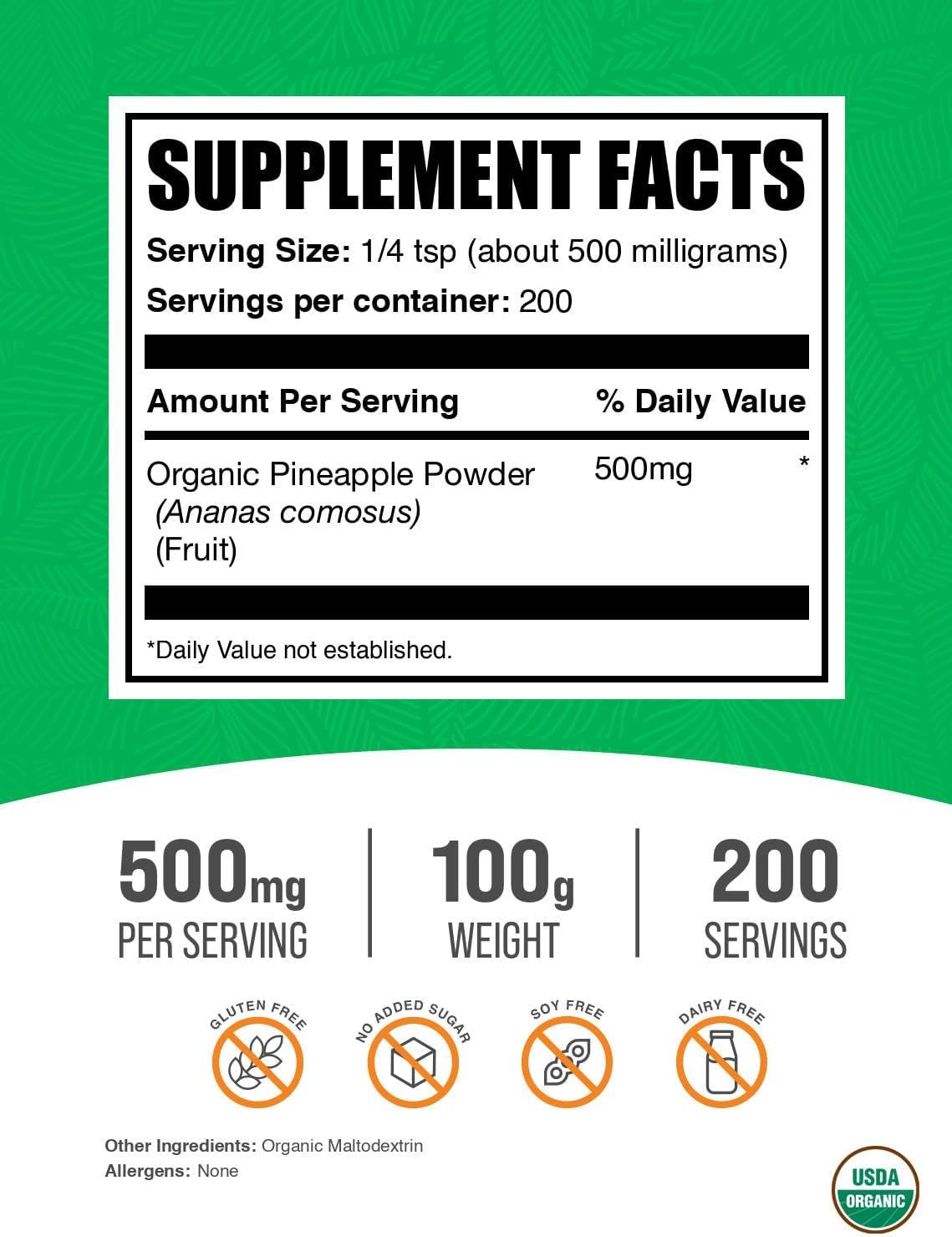 BulkSupplements.com Organic Pineapple Powder - Pineapple Fruit Powder, for Flavoring & Smoothies - Unsweetened & Gluten Free, 500mg per Serving, 100g (3.5 oz) (Pack of 1)
