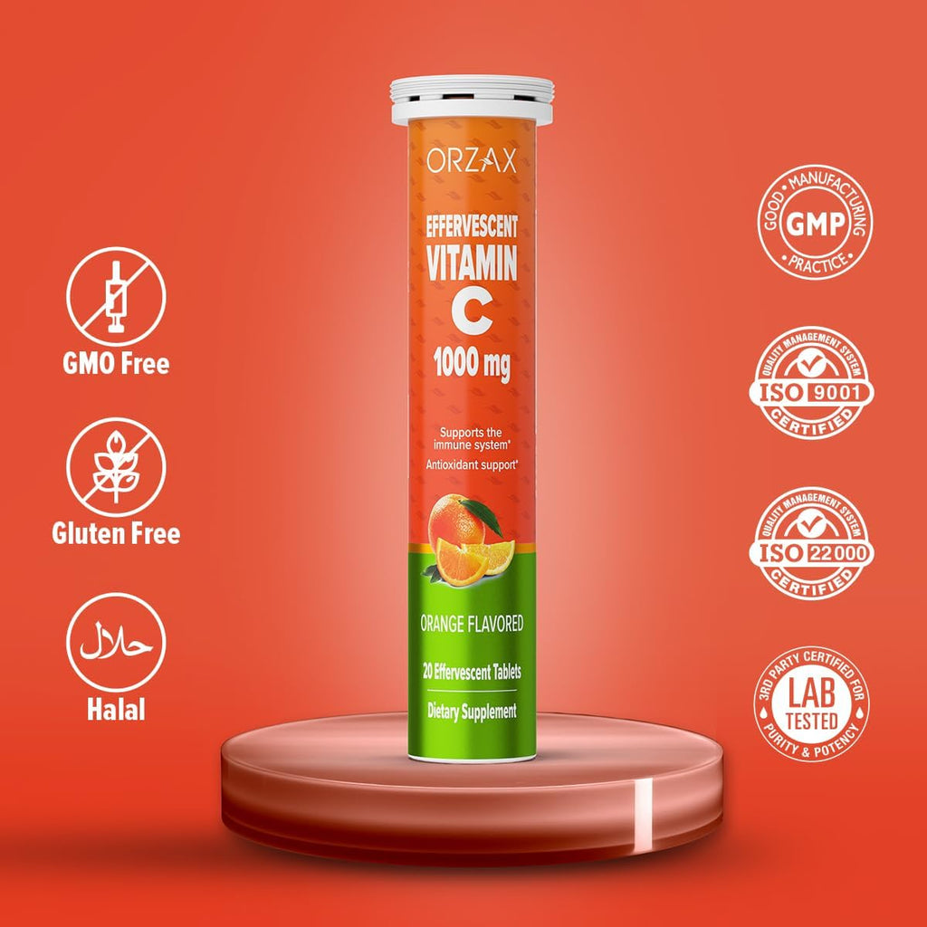ORZAX Vitamin C 1000 mg Effervescent Tablets | Sugar Free, Gluten Free, GMO Free | Dissolvable Vitamin C Supplement for Immune Support & Antioxidant Support | Orange Flavored (1000mg - 20 Tablets)