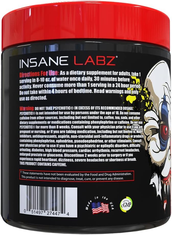 Insane Labz Psychotic, High Stimulant Pre Workout Powder, Extreme Lasting Energy, Focus and Endurance with Beta Alanine, Creatine Monohydrate, DMAE, 60 Srvgs, Grape