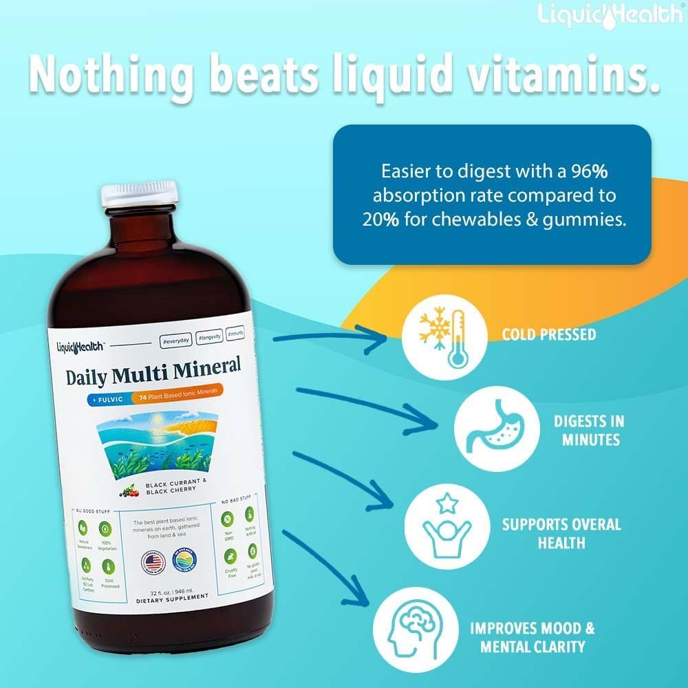 LIQUIDHEALTH Daily Multi Mineral Liquid Supplement with Fulvic Acid, Plant Based Ionic Aquamin Sea Trace Ocean Minerals - Immune Support, Energy, Gut Health, Detox - Made in USA, Vegetarian (2 Pack)
