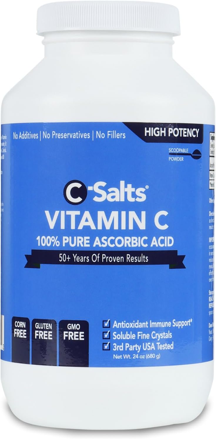 C-Salts Pure Ascorbic Acid Powder - High Dose 100% Pure Vitamin C Powder Supplement for Immune Support - Sugar-Free Powdered Drink with Soluble Fine Crystals, Organic, Corn-Free Non-GMO 24oz