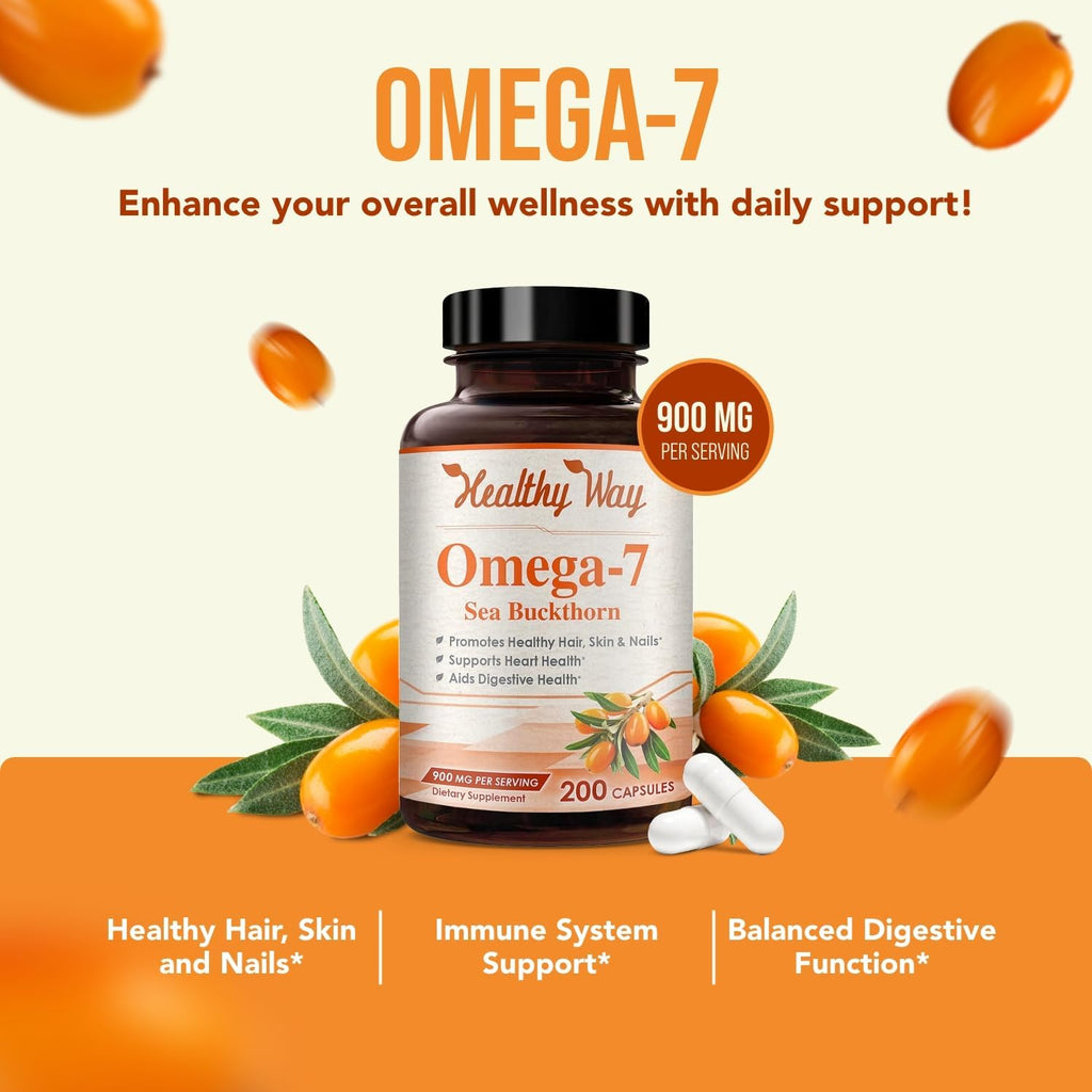 Pure Omega 7 Fatty Acids 200 Capsules 900mg Natural Sea Buckthorn Oil, NON-GMO USA Made