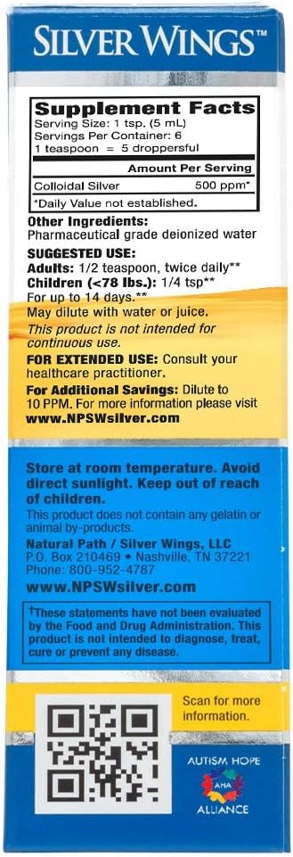 Natural Path Silver Wings Colloidal Silver 500PPM, Amber Brown Liquid Immune Support, 1 Fl Oz (Pack of 1)