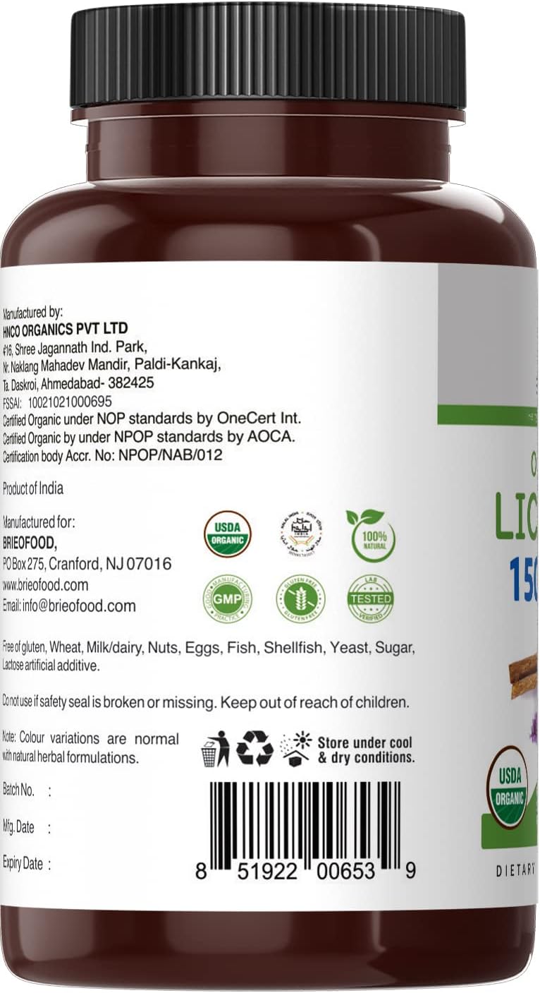Brieofood Organic Licorice 1500mg, 45 Servings, Vegetarian, Gluten Free, 90 Vegetarian Tablets