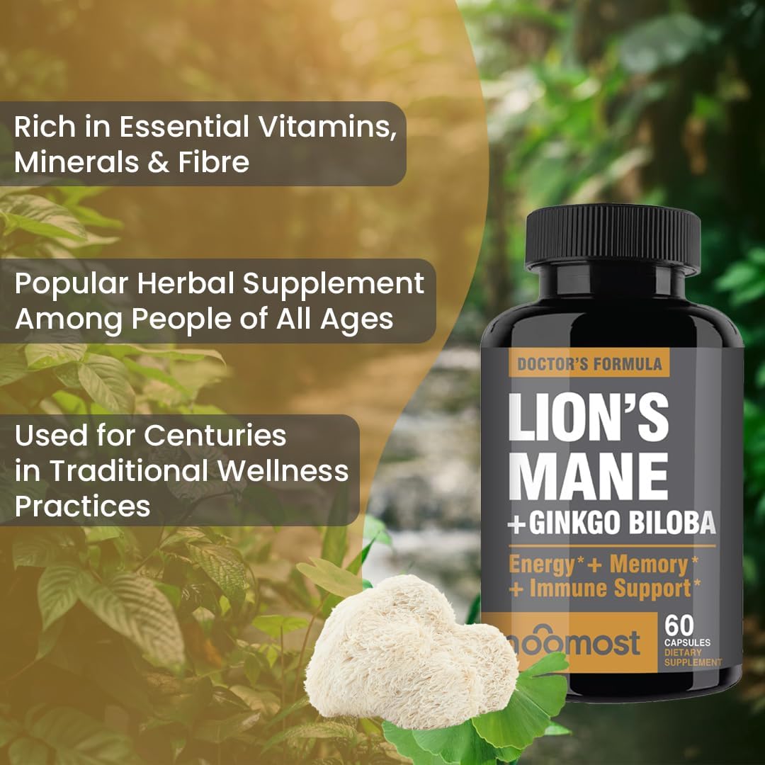 Lions Mane Supplement Organic Capsules - With Ginkgo Biloba - Cognitive Health, Focus & Memory Support - Natural Superfood for Brain, Energy & Immune Health - Non GMO- 60 Caps - 2 Month Supply