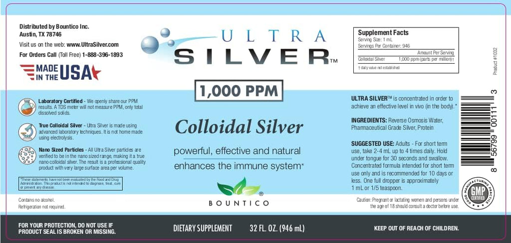 Ultra Silver® Colloidal Silver | 1,000 PPM, 32 Oz (946mL) | Mineral Supplement | True Colloidal Silver - 4 oz Dropper Bottle (Empty) Included for Dispensing!
