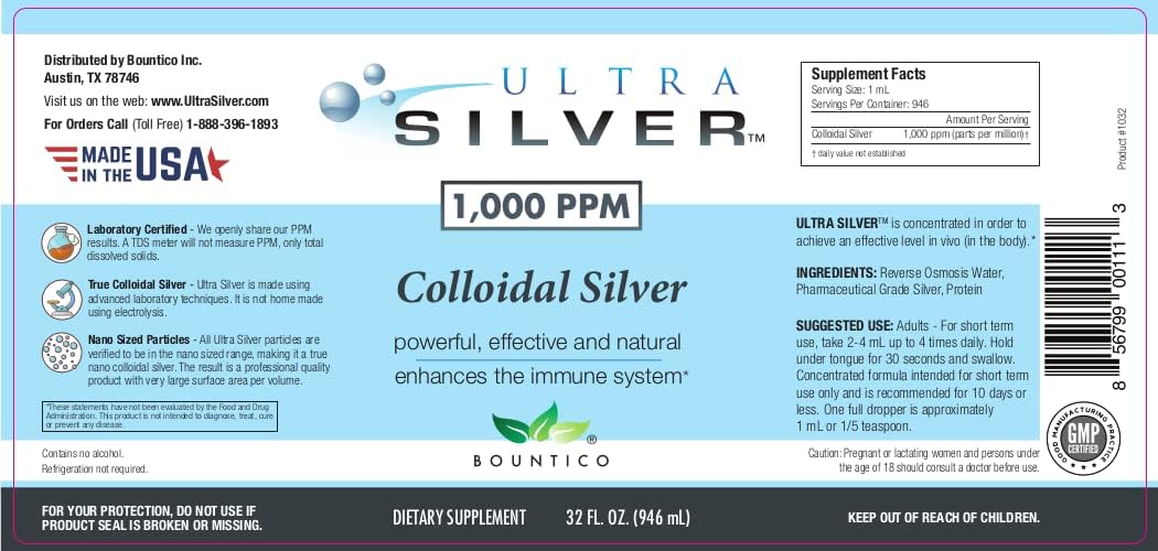 Ultra Silver® Colloidal Silver | 1,000 PPM, 32 Oz (946mL) | Mineral Supplement | True Colloidal Silver - 4 oz Dropper Bottle (Empty) Included for Dispensing!