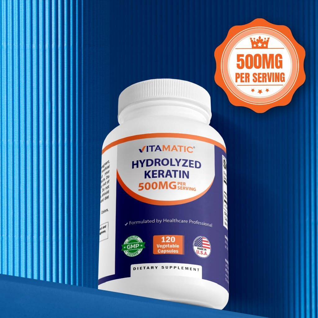 Vitamatic Hydrolyzed Keratin 500mg per Serving - 120 Vegetarian Capsules - Keratin Supplements for Healthy Hair Skin & Nails for Adults