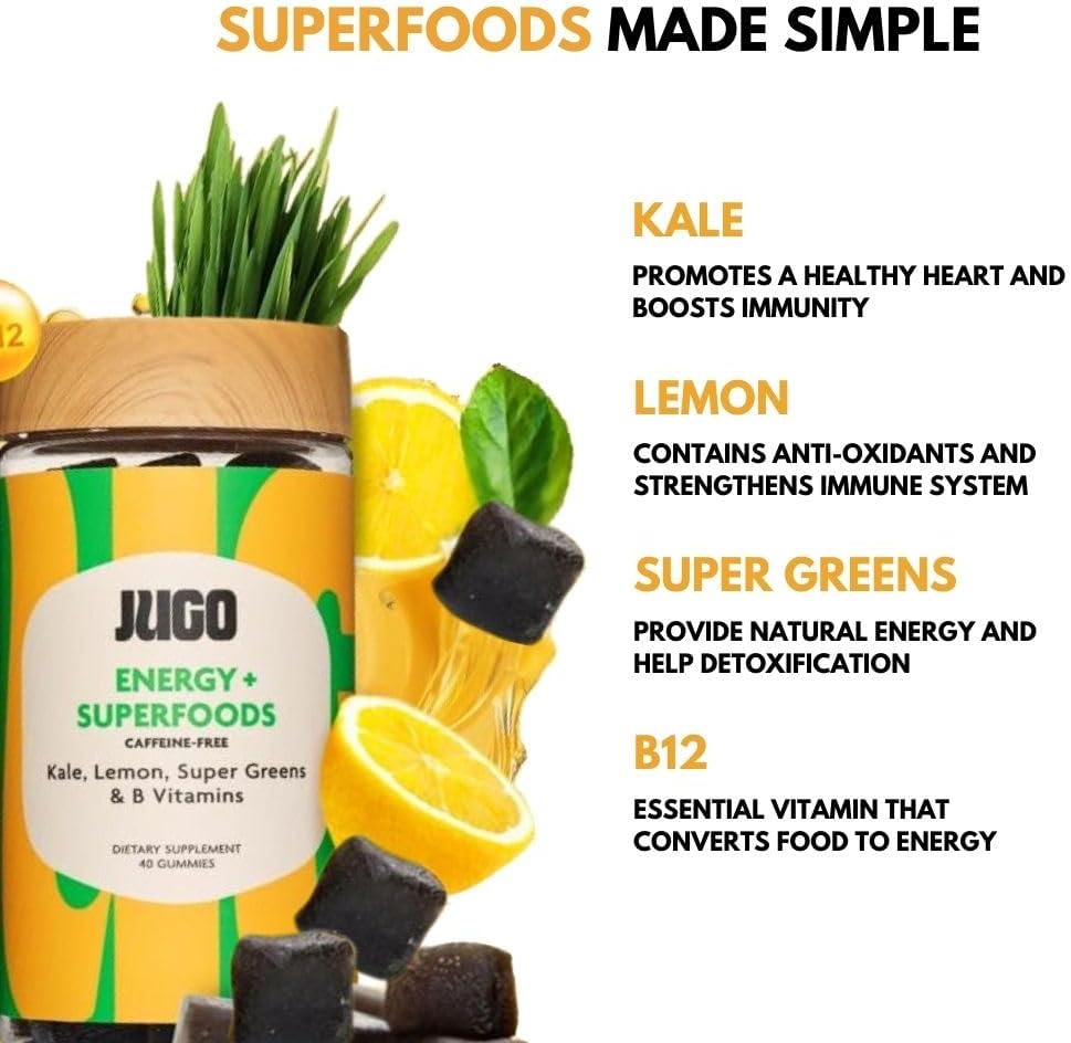 JUGO Energy + SUPERFOODS | Vitamin B12 Gummies with Kale & Super Greens | 40 Count Caffeine-Free Energy Gummies | Plant-Based, Gelatin-Free, Non-GMO, Made in USA