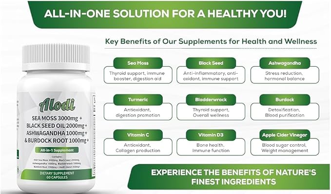 ALODI Super Sea Moss Omnipotent Supplement - with Ashwagandha, Black Seed Oil, Burdock Root, Turmeric, Bladderwrack, Apple Vinegar, Advanced Formula - Tested for Maximum Efficacy in Men and Women