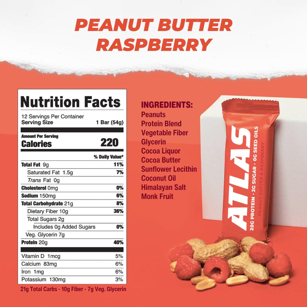 Atlas Protein Bars - 20g Protein, 2g Natural Sugar, 0g Seed Oils (Peanut Butter Raspberry, 24 Count)