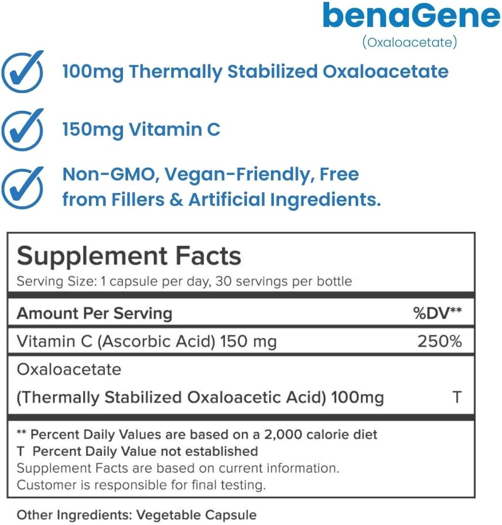 Benagene Oxaloacetate Supplement - Supports Cellular Energy - Thermally Stabilized with Vitamin C - Non-GMO & Vegan - 30 Servings, Once Daily