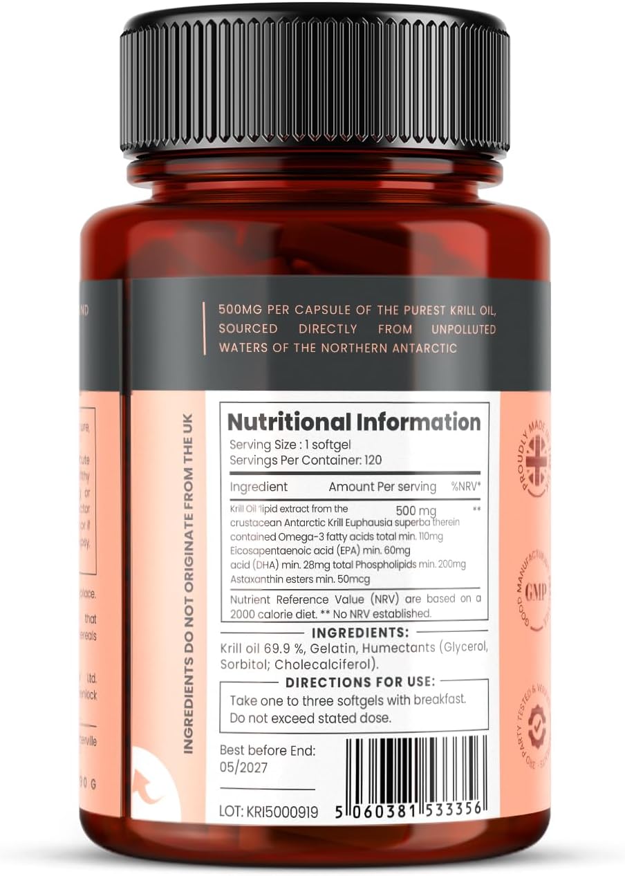 Ultra Pure Krill Oil 500mg x 240 Capsules (2 Bottles) - Sourced in The Unpolluted Waters of Antarctic Providing a Rich Supply of Astaxanthin, Omega 3, and Vitamin D