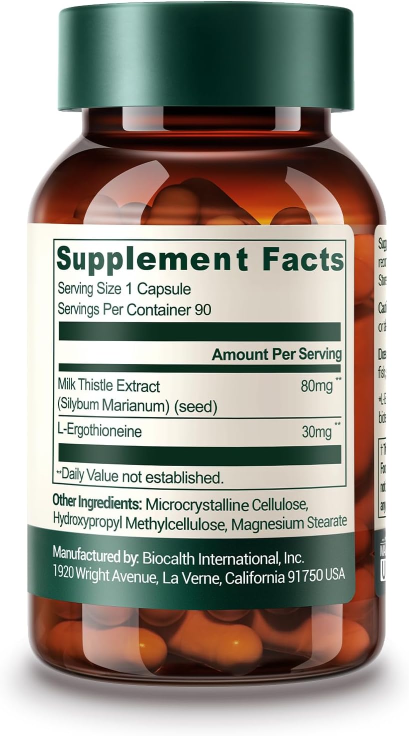 Milk Thistle & L-Ergothioneine Supplement – Advanced Cellular and Liver Health Support – 30mg High-Purity Ergothioneine – Vegan, Non-GMO, 90 Count